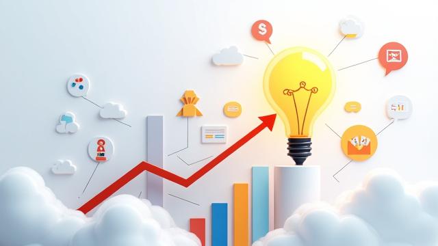 Abstrakt bilde som representerer startup-forretningsstrategi, med grafer, piler og en glødende idepære.